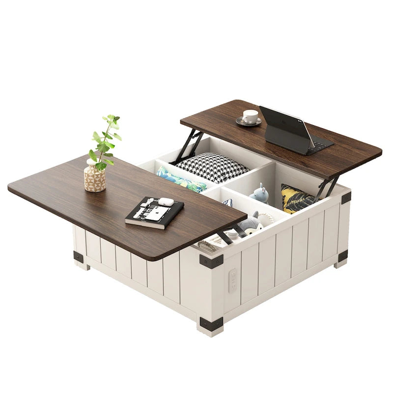 Table basse relevable de ferme avec rangement, ports USB et station de charge