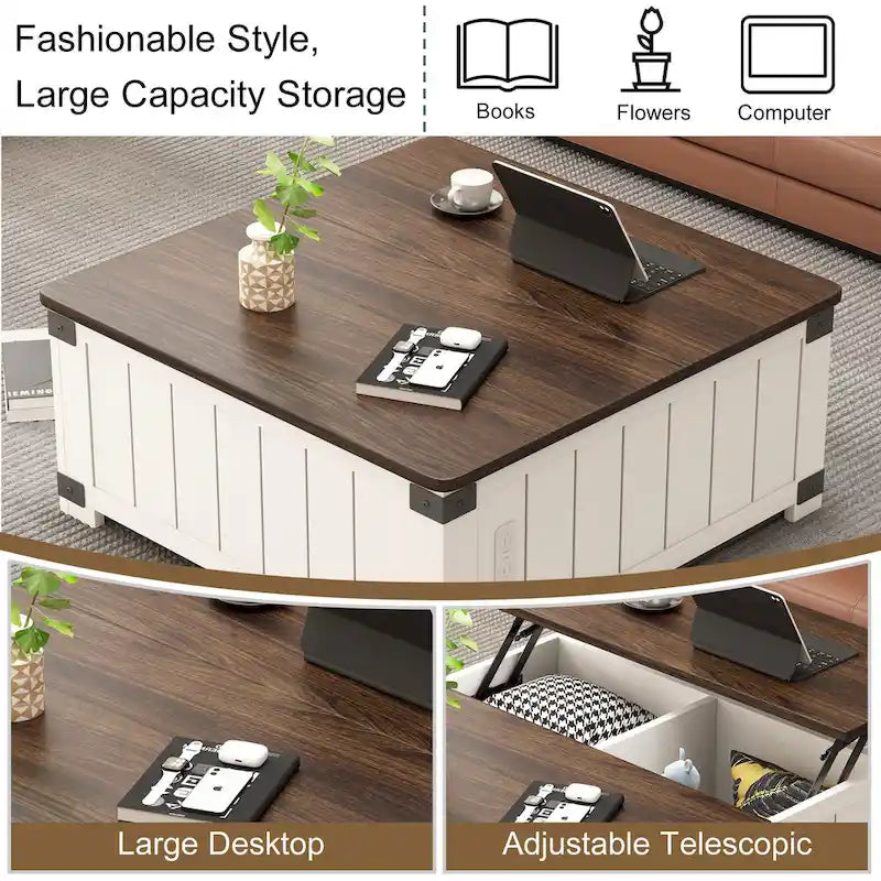 Table basse relevable de ferme avec rangement, ports USB et station de charge