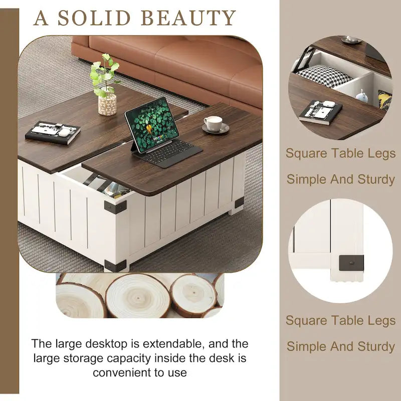 Table basse relevable de ferme avec rangement, ports USB et station de charge