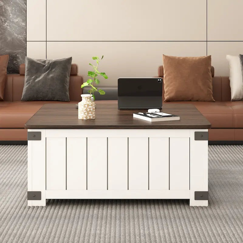 Table basse relevable de ferme avec rangement, ports USB et station de charge