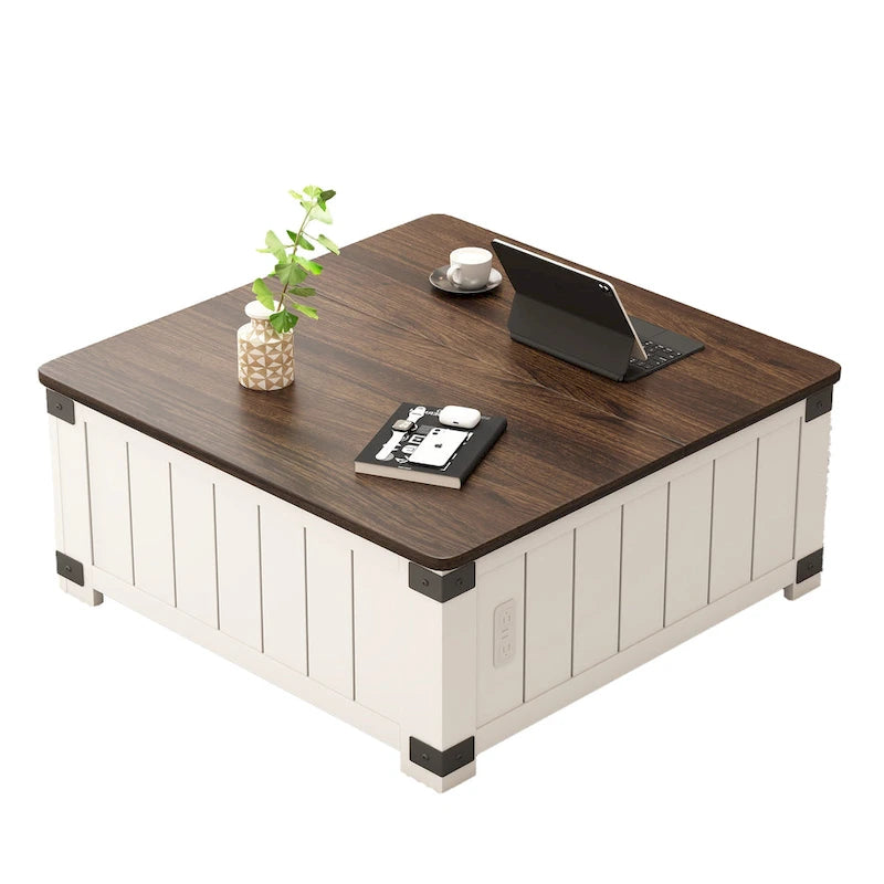 Table basse relevable de ferme avec rangement, ports USB et station de charge