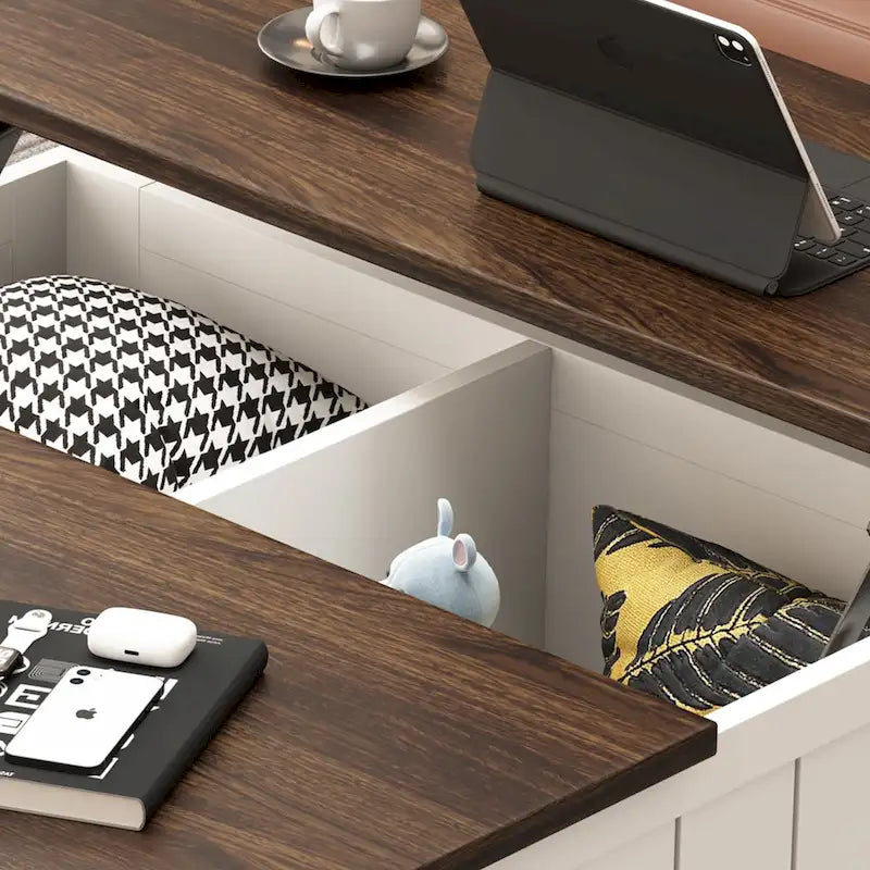 Table basse relevable de ferme avec rangement, ports USB et station de charge