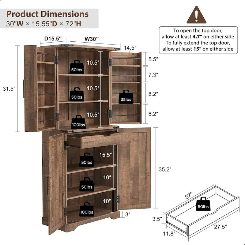 Garde-manger de cuisine de ferme de 183 cm de haut, armoire de rangement avec portes coulissantes façon grange