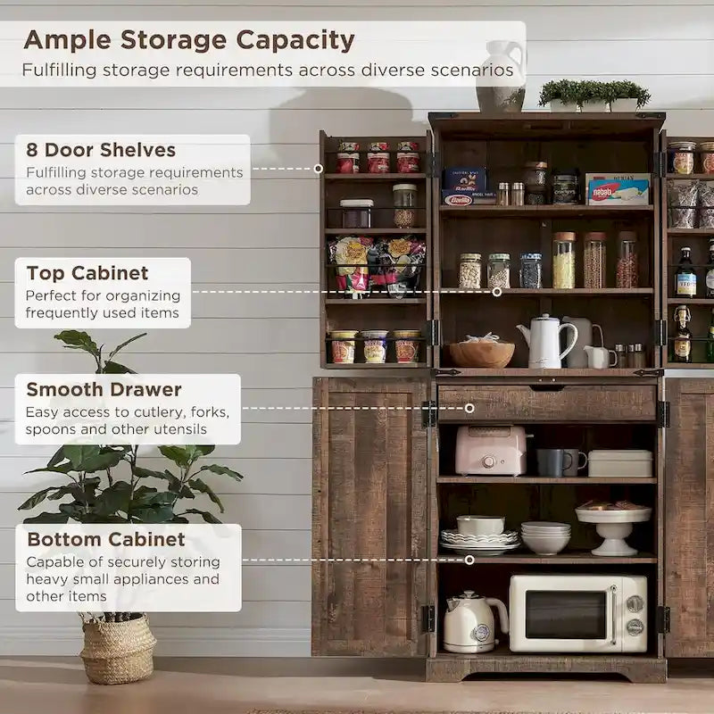 Garde-manger de cuisine de ferme de 183 cm de haut, armoire de rangement avec portes coulissantes façon grange