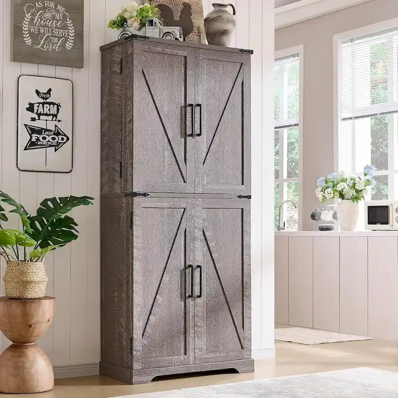 Garde-manger de cuisine de ferme de 183 cm de haut, armoire de rangement avec portes coulissantes façon grange