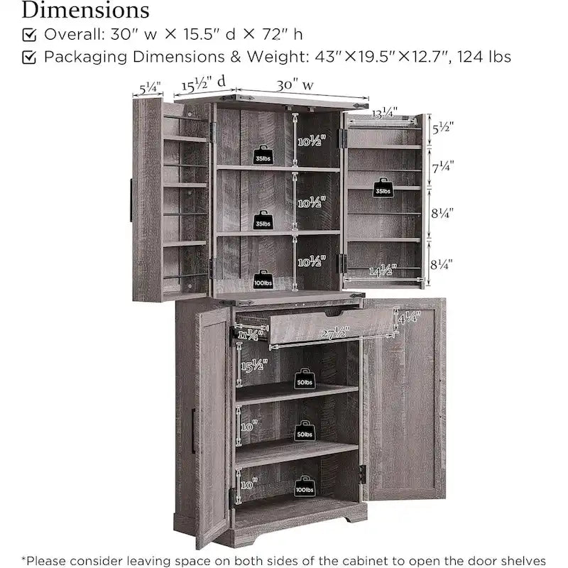 Garde-manger de cuisine de ferme de 183 cm de haut, armoire de rangement avec portes coulissantes façon grange