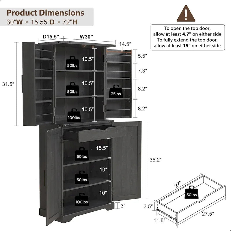 Garde-manger de cuisine de ferme de 183 cm de haut, armoire de rangement avec portes coulissantes façon grange