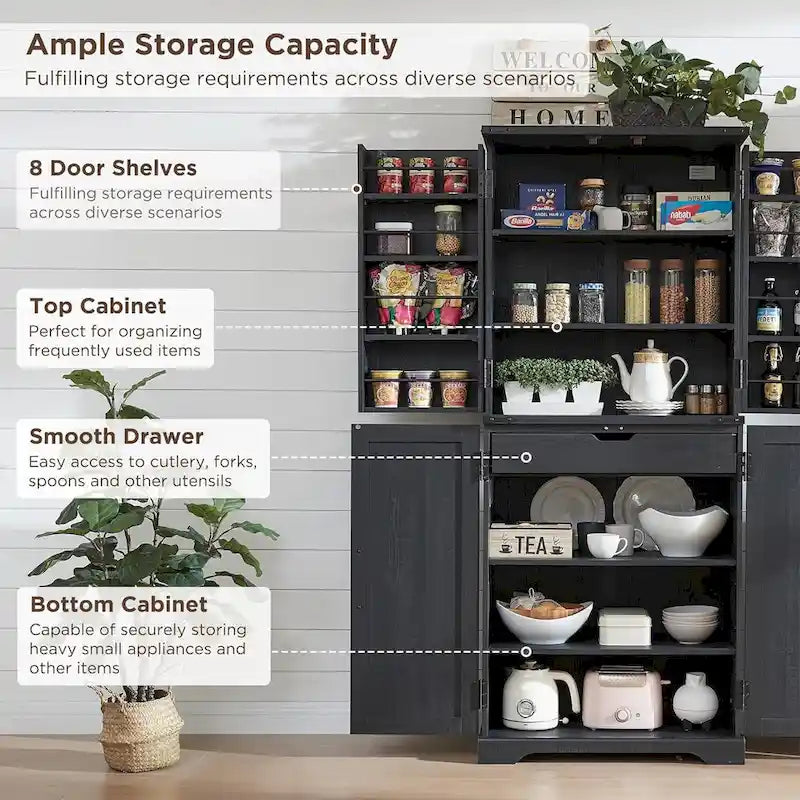 Garde-manger de cuisine de ferme de 183 cm de haut, armoire de rangement avec portes coulissantes façon grange