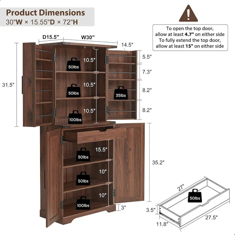Garde-manger de cuisine de ferme de 183 cm de haut, armoire de rangement avec portes coulissantes façon grange