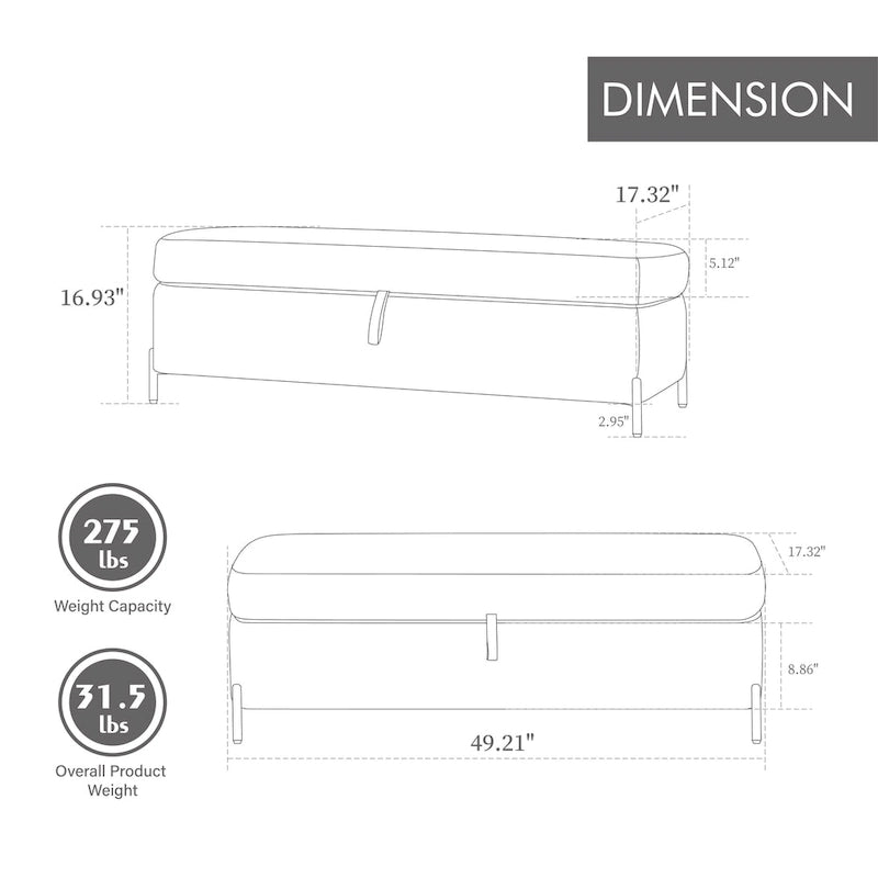 Banc de rangement en velours doux de 49,21 de large pour le salon, l'entrée et la chambre