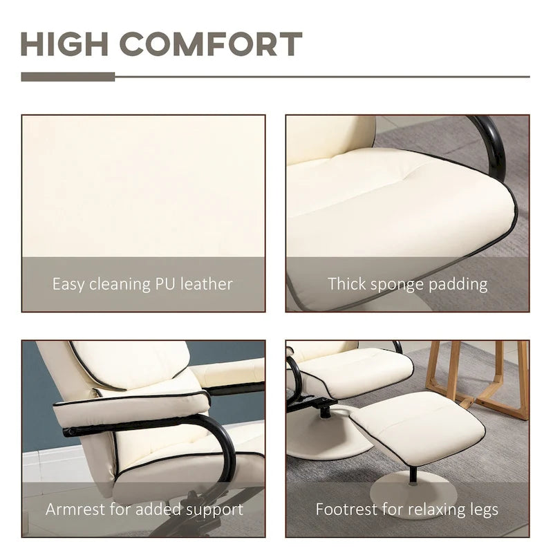 Fauteuil inclinable en cuir PU pivotant à 360°, réglable, avec pouf et rembourrage en mousse épaisse
