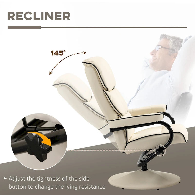 Fauteuil inclinable en cuir PU pivotant à 360°, réglable, avec pouf et rembourrage en mousse épaisse