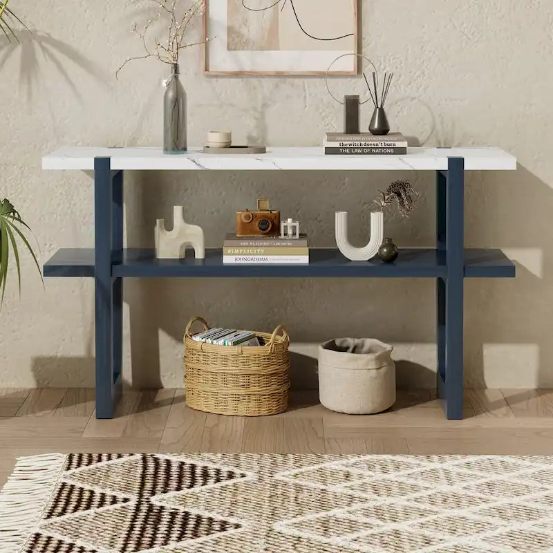 Console étroite avec plateau effet marbre (bleu marine)