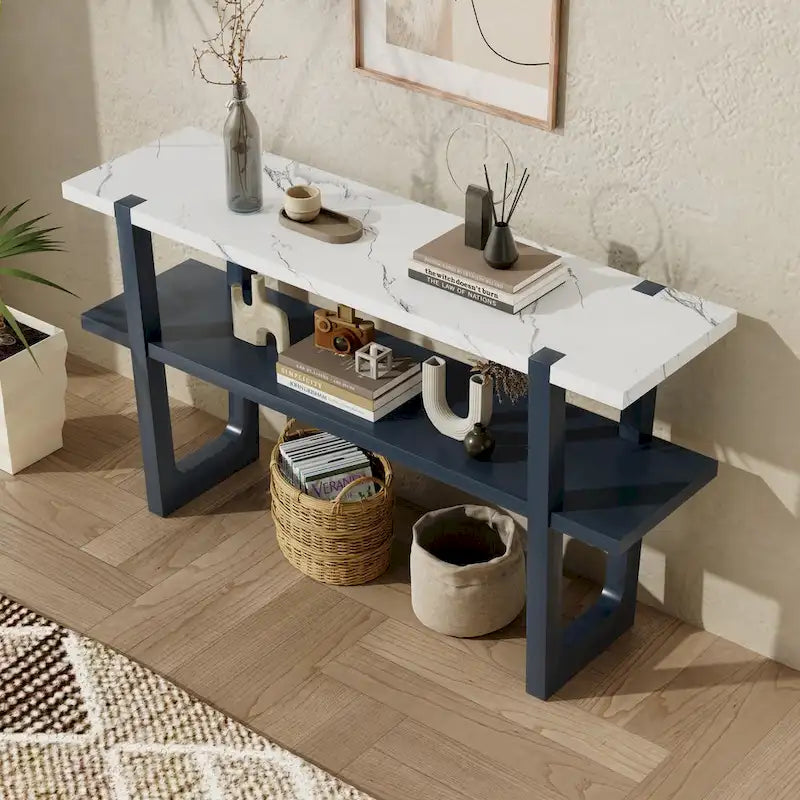 Console étroite avec plateau effet marbre (bleu marine)