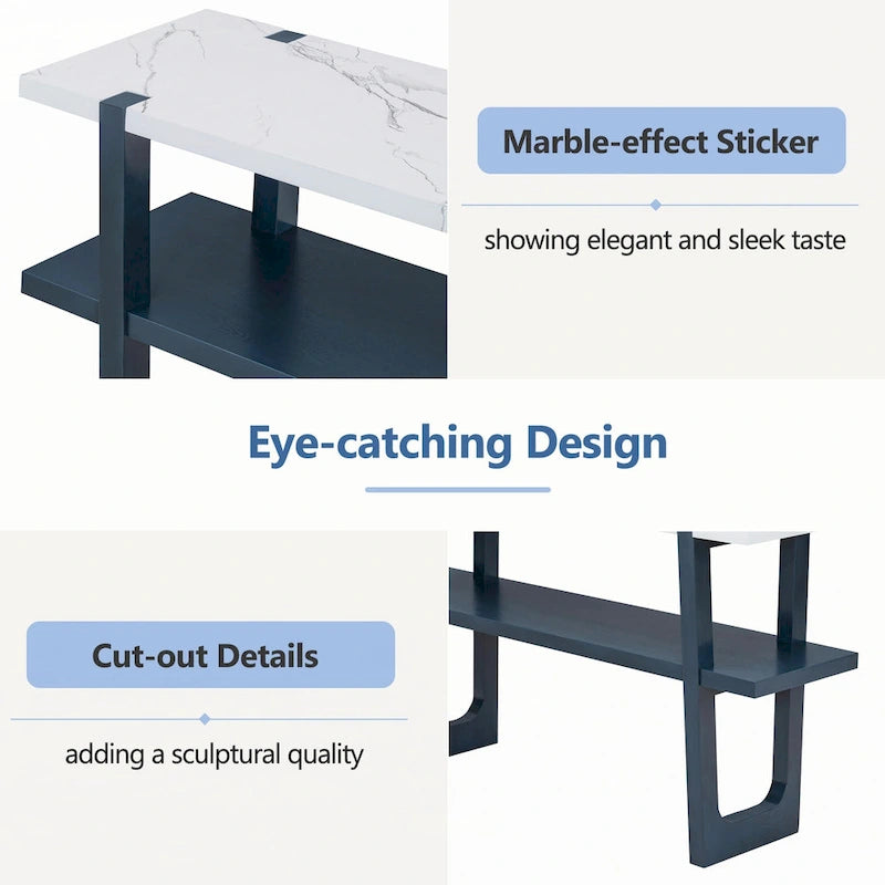 Console étroite avec plateau effet marbre (bleu marine)