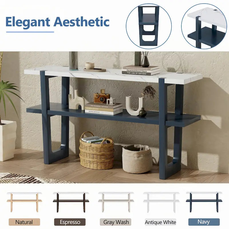 Console étroite avec plateau effet marbre (bleu marine)
