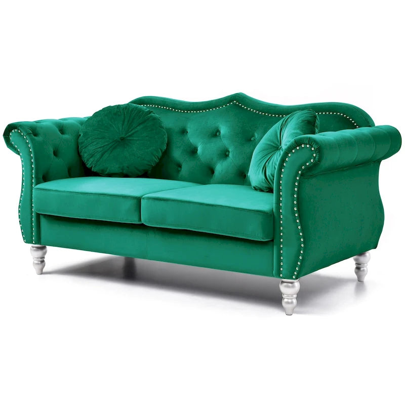 Causeuse Chesterfield en velours 68 po avec 2 coussins décoratifs – 68L x 35P x 34H