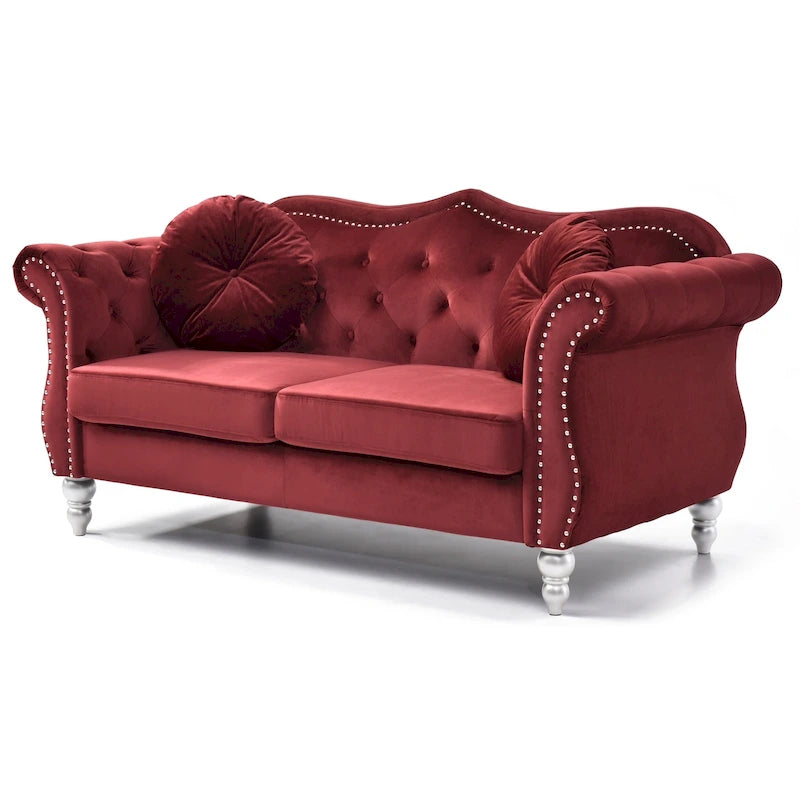 Causeuse Chesterfield en velours 68 po avec 2 coussins décoratifs – 68L x 35P x 34H