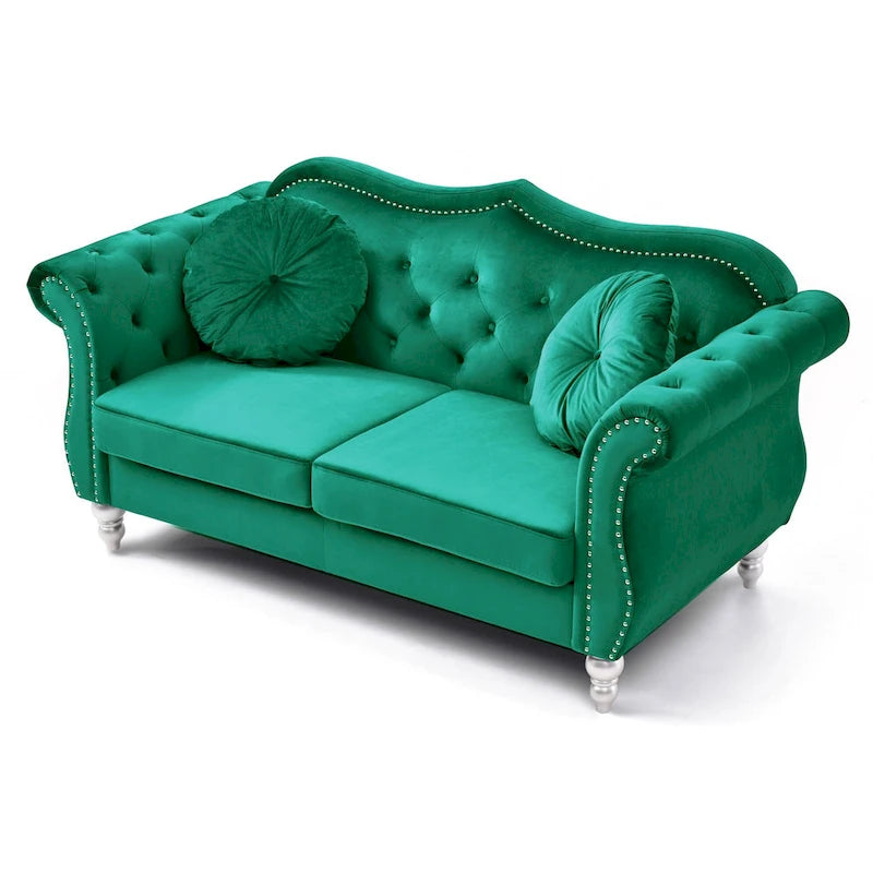 Causeuse Chesterfield en velours 68 po avec 2 coussins décoratifs – 68L x 35P x 34H