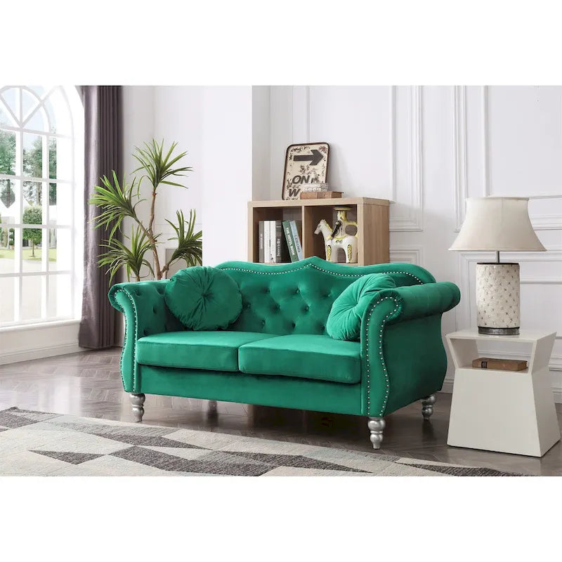 Causeuse Chesterfield en velours 68 po avec 2 coussins décoratifs – 68L x 35P x 34H