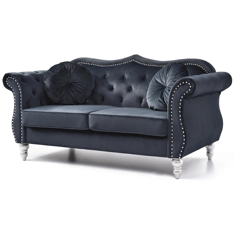 Causeuse Chesterfield en velours 68 po avec 2 coussins décoratifs – 68L x 35P x 34H