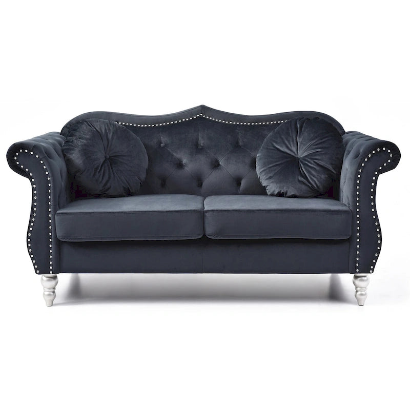 Causeuse Chesterfield en velours 68 po avec 2 coussins décoratifs – 68L x 35P x 34H