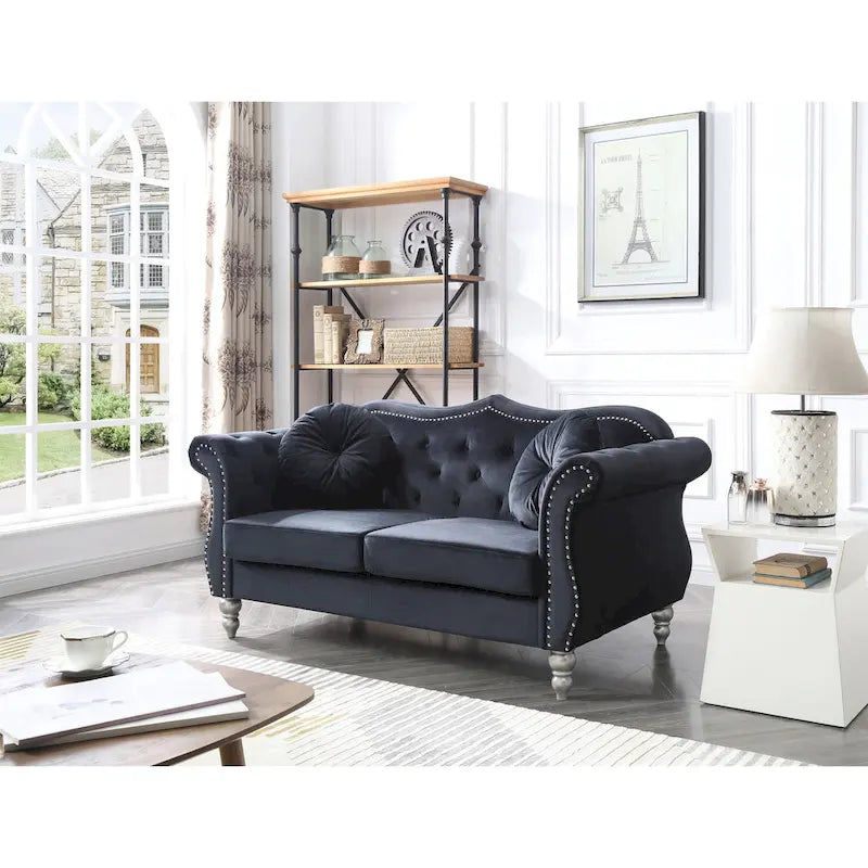 Causeuse Chesterfield en velours 68 po avec 2 coussins décoratifs – 68L x 35P x 34H