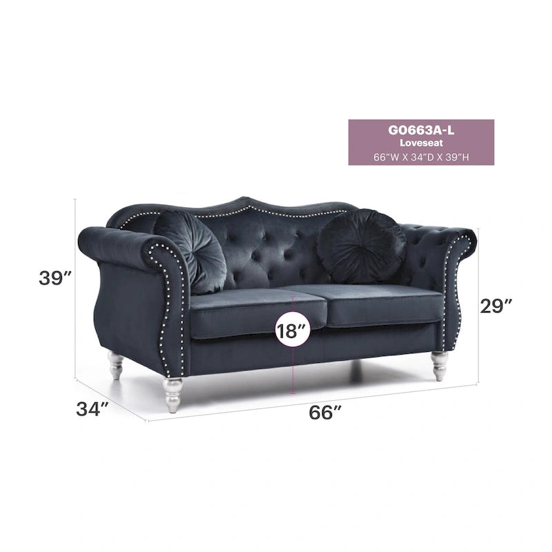 Causeuse Chesterfield en velours 68 po avec 2 coussins décoratifs – 68L x 35P x 34H