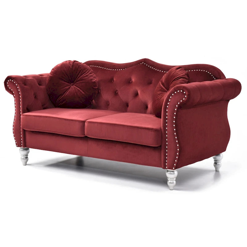 Causeuse Chesterfield en velours 68 po avec 2 coussins décoratifs – 68L x 35P x 34H