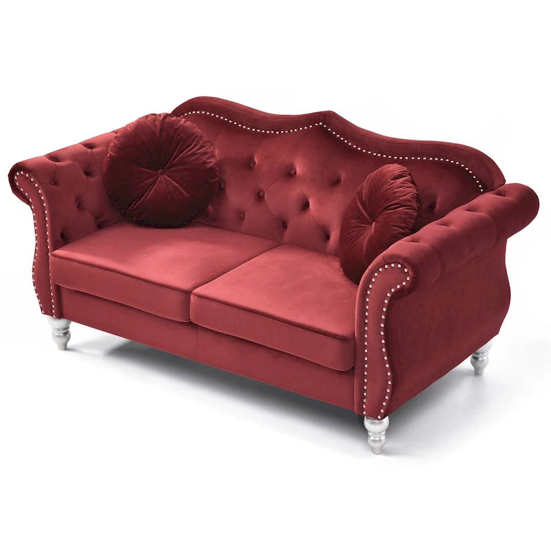 Causeuse Chesterfield en velours 68 po avec 2 coussins décoratifs – 68L x 35P x 34H