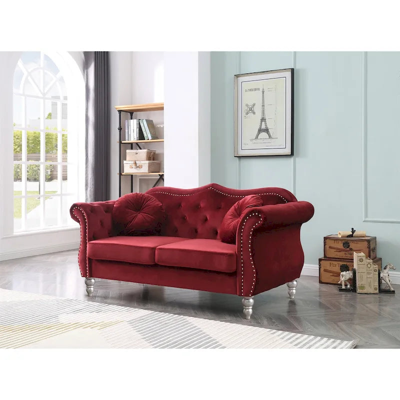 Causeuse Chesterfield en velours 68 po avec 2 coussins décoratifs – 68L x 35P x 34H