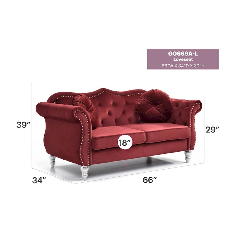 Causeuse Chesterfield en velours 68 po avec 2 coussins décoratifs – 68L x 35P x 34H