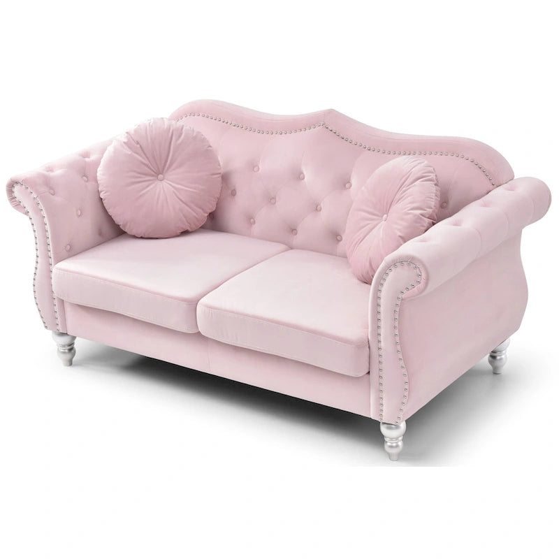 Causeuse Chesterfield en velours 68 po avec 2 coussins décoratifs – 68L x 35P x 34H