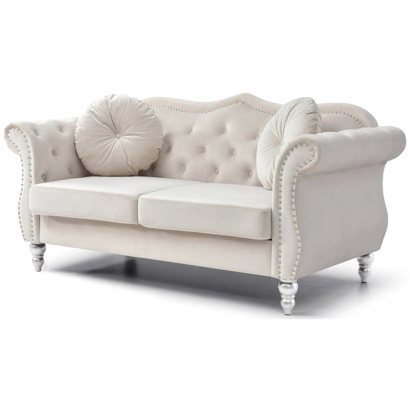 Causeuse Chesterfield en velours 68 po avec 2 coussins décoratifs – 68L x 35P x 34H