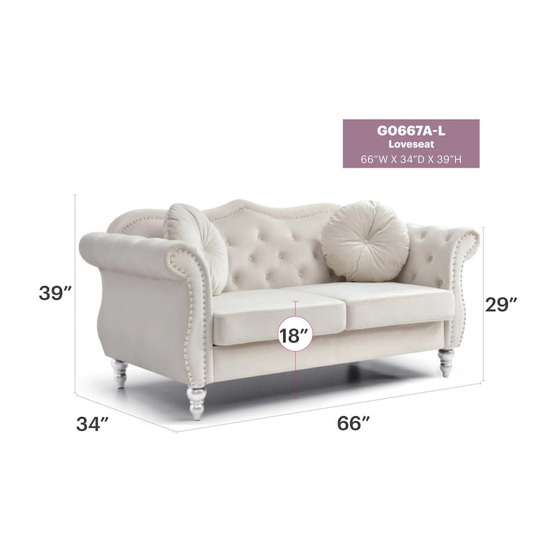 Causeuse Chesterfield en velours 68 po avec 2 coussins décoratifs – 68L x 35P x 34H