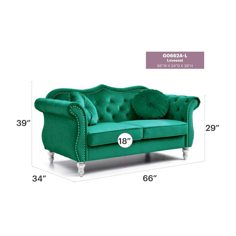 Causeuse Chesterfield en velours 68 po avec 2 coussins décoratifs – 68L x 35P x 34H