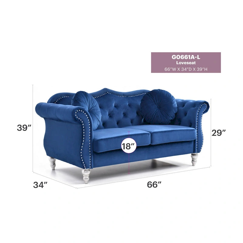 Causeuse Chesterfield en velours 68 po avec 2 coussins décoratifs – 68L x 35P x 34H