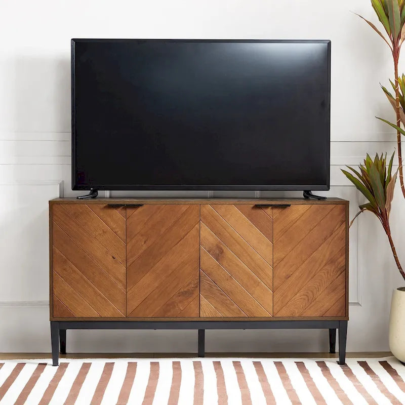 Meuble TV Moderne à Chevrons avec Étagères Réglables par - 55 pouces