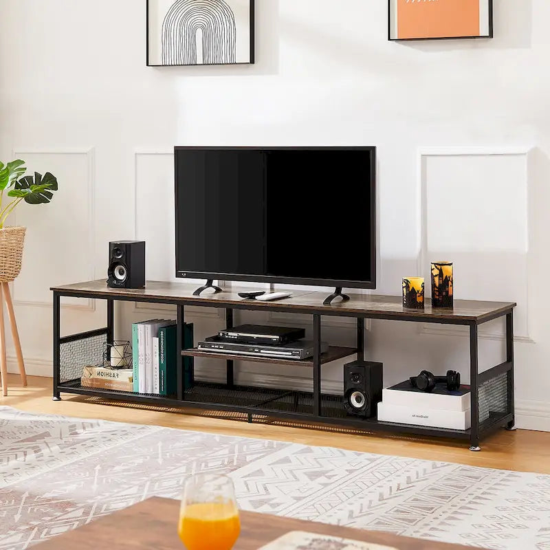 Meuble TV industriel, Console multimédia avec rangement et étagère grillagée pour salon/chambre, Marron