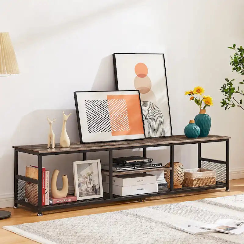 Meuble TV industriel, Console multimédia avec rangement et étagère grillagée pour salon/chambre, Marron