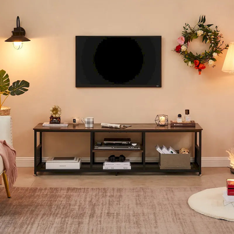 Meuble TV industriel, Console multimédia avec rangement et étagère grillagée pour salon/chambre, Marron