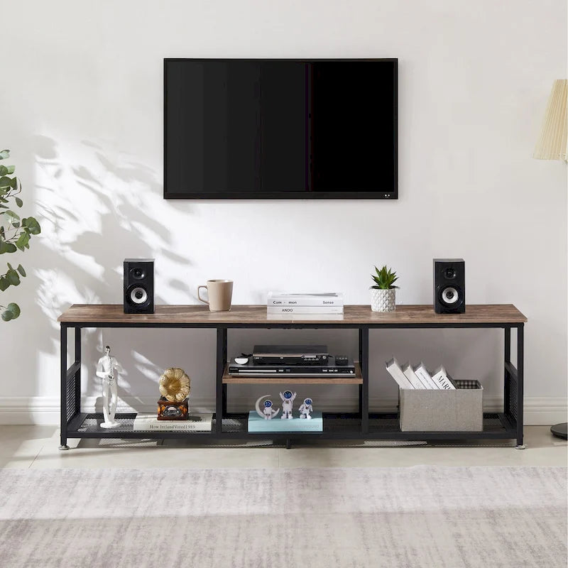 Meuble TV industriel, Console multimédia avec rangement et étagère grillagée pour salon/chambre, Marron