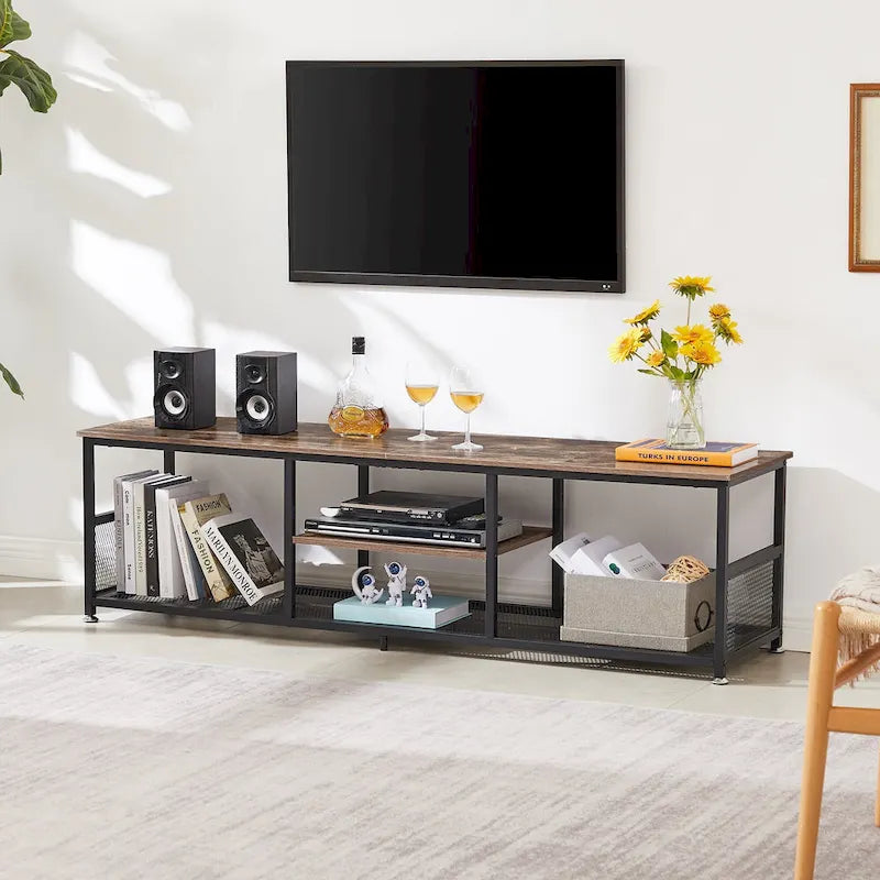Meuble TV industriel, Console multimédia avec rangement et étagère grillagée pour salon/chambre, Marron