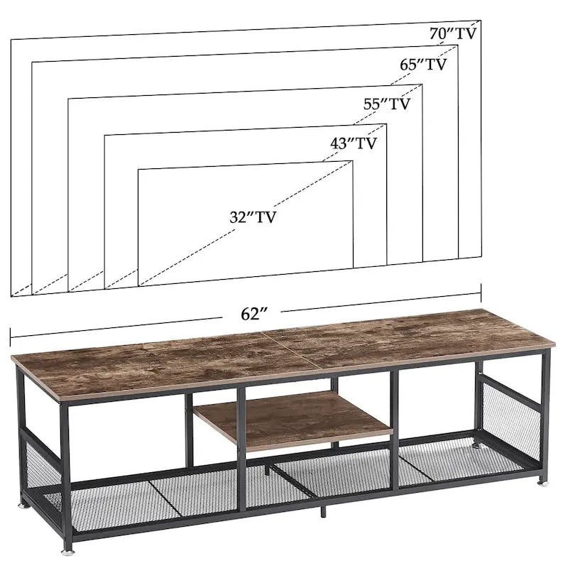 Meuble TV industriel, Console multimédia avec rangement et étagère grillagée pour salon/chambre, Marron