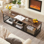 Meuble TV industriel, Console multimédia avec rangement et étagère grillagée pour salon/chambre, Marron