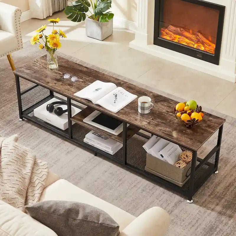 Meuble TV industriel, Console multimédia avec rangement et étagère grillagée pour salon/chambre, Marron