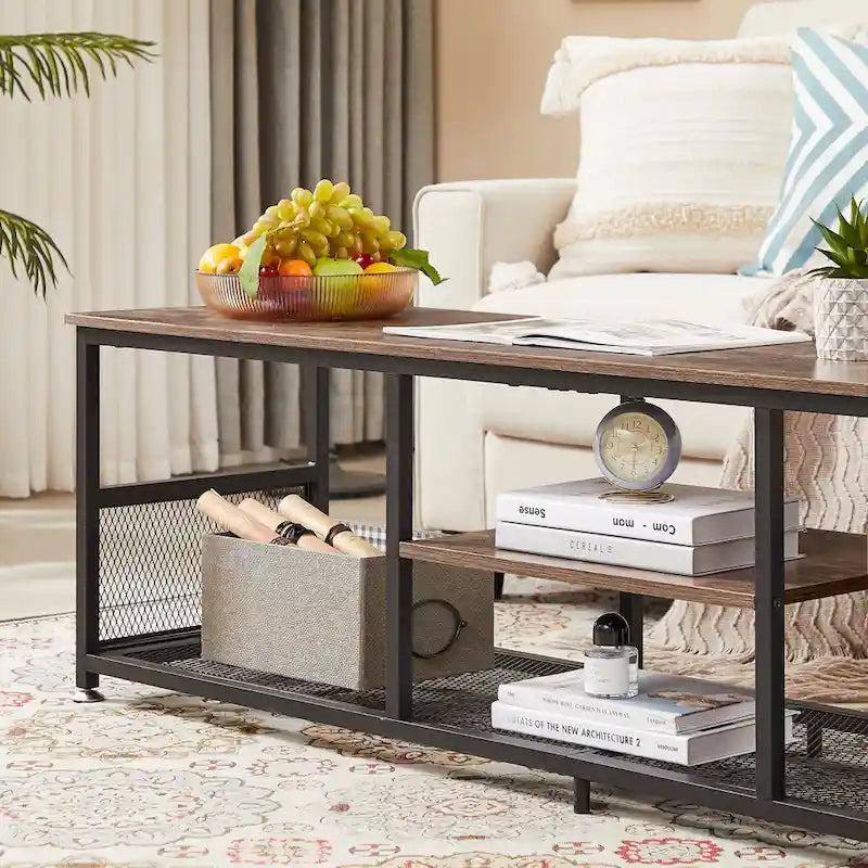 Meuble TV industriel, Console multimédia avec rangement et étagère grillagée pour salon/chambre, Marron