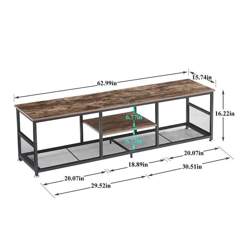 Meuble TV industriel, Console multimédia avec rangement et étagère grillagée pour salon/chambre, Marron
