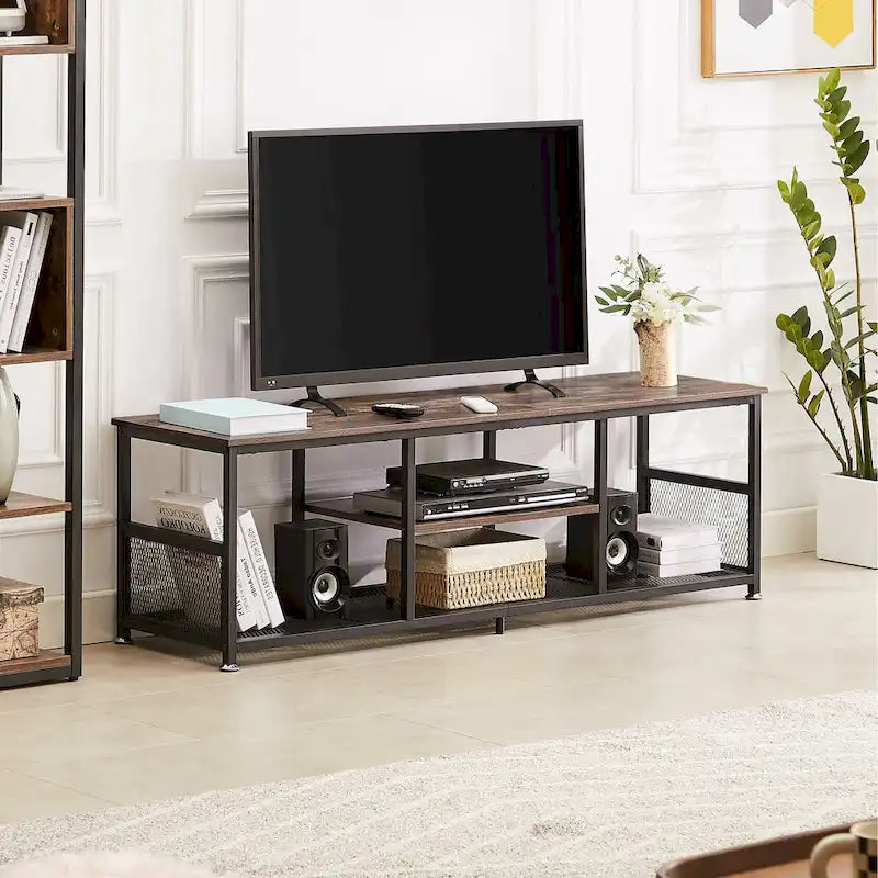 Meuble TV industriel, Console multimédia avec rangement et étagère grillagée pour salon/chambre, Marron