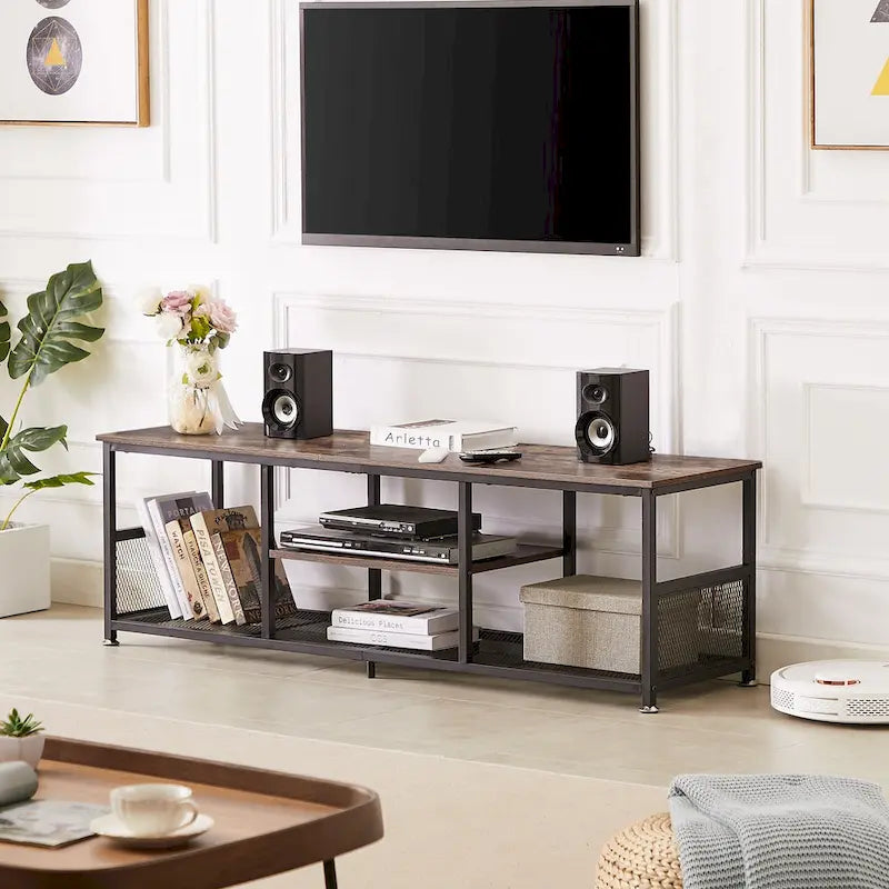 Meuble TV industriel, Console multimédia avec rangement et étagère grillagée pour salon/chambre, Marron